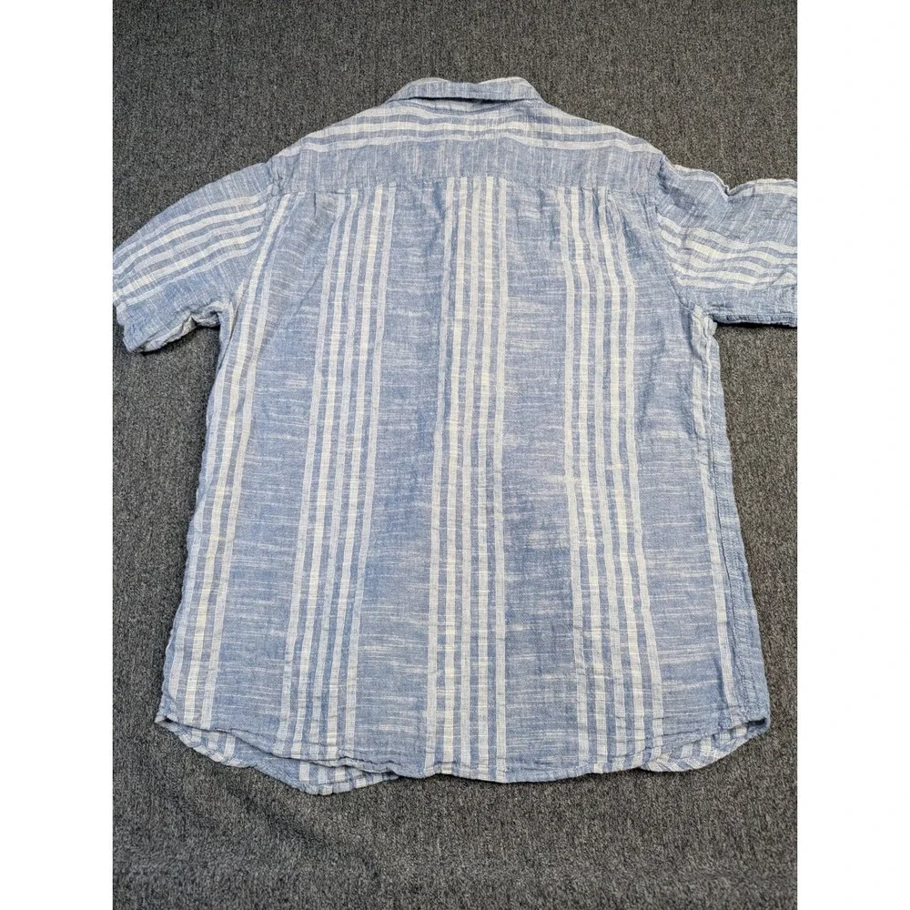 Weatherproof Vintage Mens Blue White Striped Washable Linen Shirt Medium SS‎